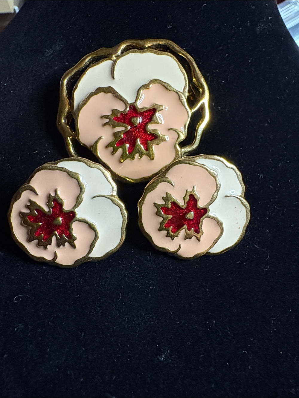 1960-70’s Coro Floral Enamel Pin and Earring Set - Cream, Peach & Red